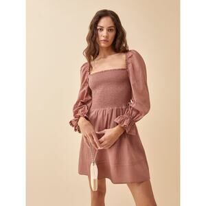 Reformation Dunes Praline Smocked Long Sleeve Mini Dress Size 4 NWT